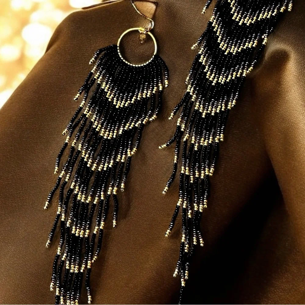 Black and Gold Glass Beaded Chandelier Earrings with Cascading Feather Design - Picture 12 of 17